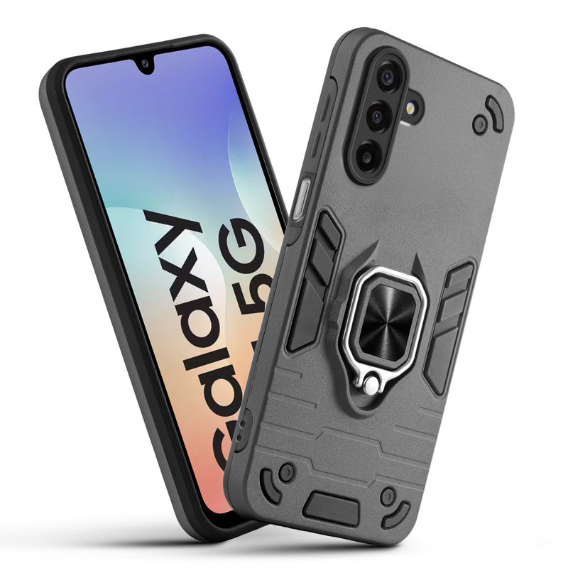 Front and back view of Samsung M17 5G fitted with a protective case and ring grip