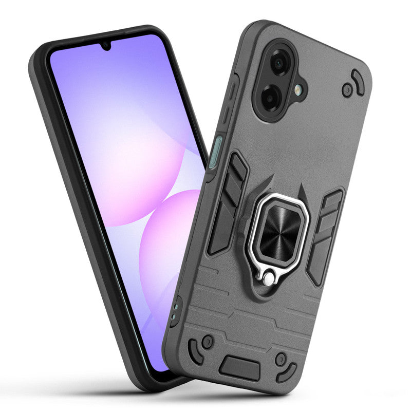 Front and back view of Samsung M17e 5G fitted with a protective case and ring grip