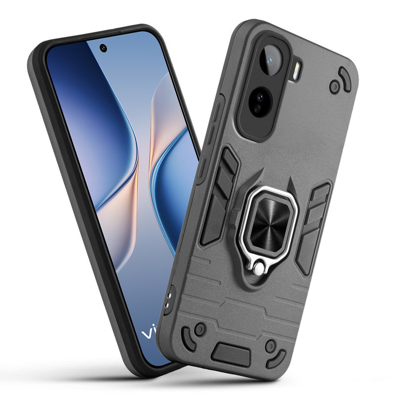 Front and back view of Vivo T5 Pro 5G fitted with a protective case and ring grip
