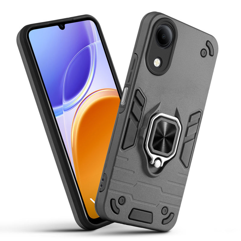 Front and back view of Vivo T5e 5G fitted with a protective case and ring grip