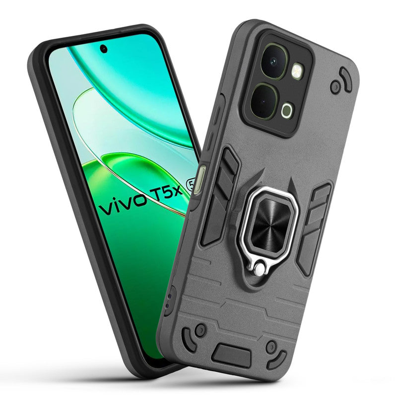 Front and back view of Vivo T5x 5G fitted with a protective case and ring grip