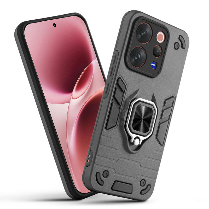 Front and back view of Vivo V70 5G fitted with a protective case and ring grip