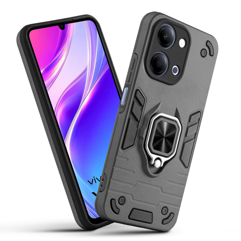 Front and back view of Vivo Y11 5G fitted with a protective case and ring grip