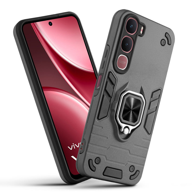 Front and back view of Vivo Y31 5G fitted with a protective case and ring grip