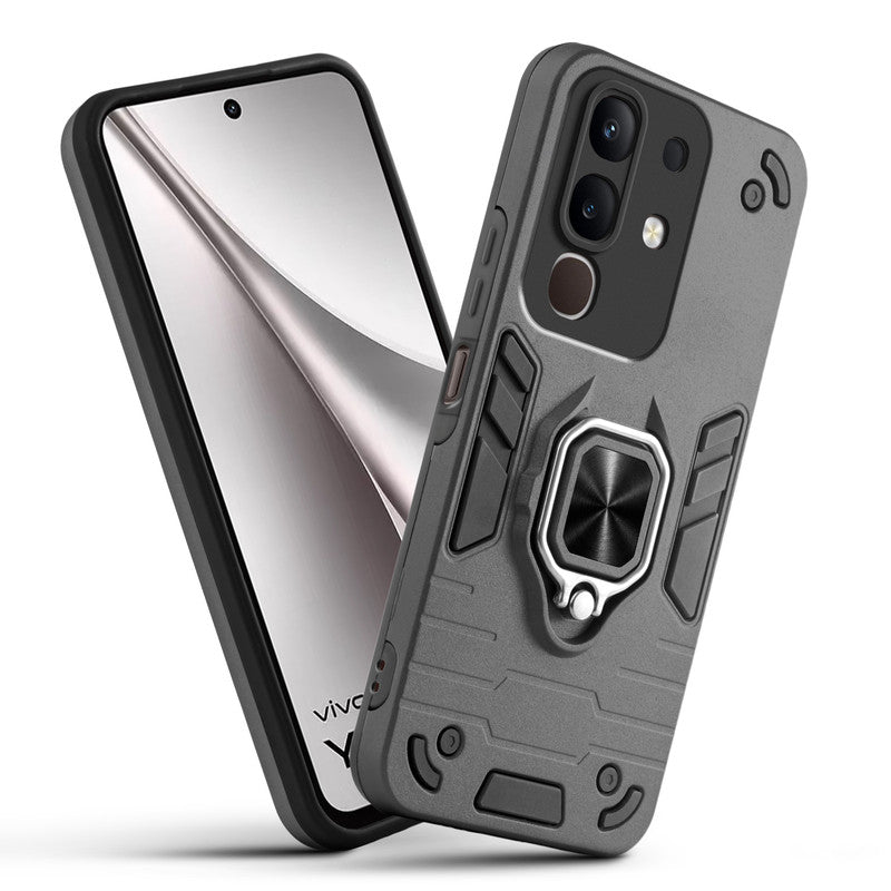 Front and back view of Vivo Y31 Pro 5G fitted with a protective case and ring grip