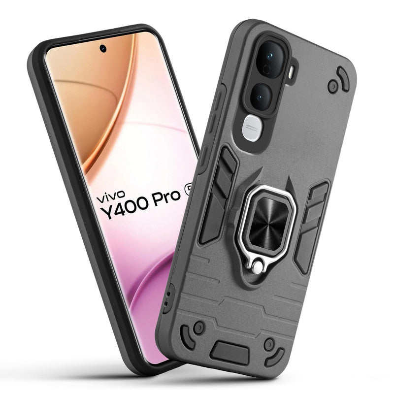 Front and back view of Vivo Y400 Pro 5G fitted with a protective case and ring grip