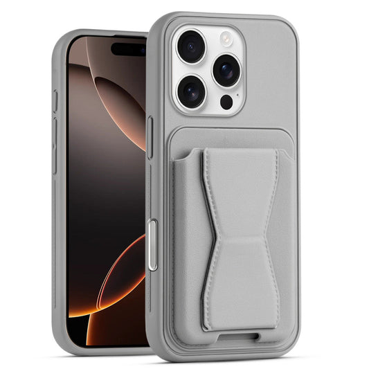 All in One Premium Leather Back Cover for Apple iPhone 16 Pro with Card Slot & Foldable Grip Holder