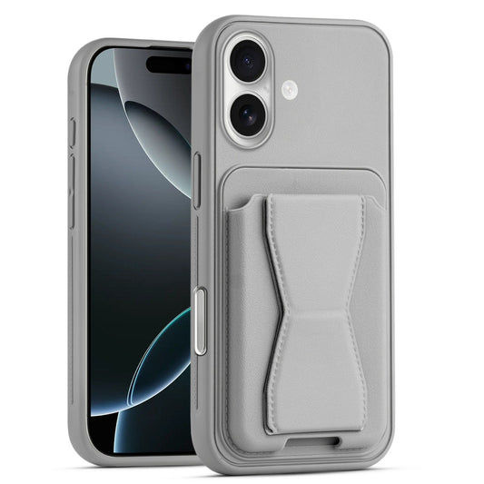 All in One Premium Leather Back Cover for Apple iPhone 16 with Card Slot & Foldable Grip Holder