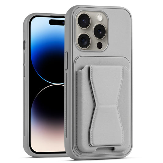 All in One Premium Leather Back Cover for Apple iPhone 14 Pro with Card Slot & Foldable Grip Holder