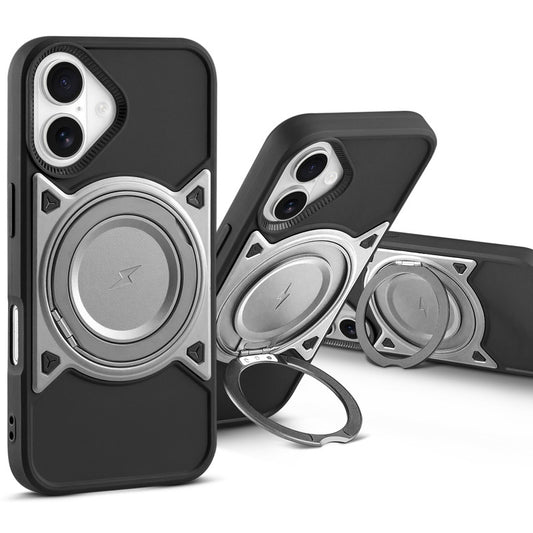 MagSafe Compatible with Metal Finish Ring Stand & Silicone Grip Back Case For Apple iPhone 16