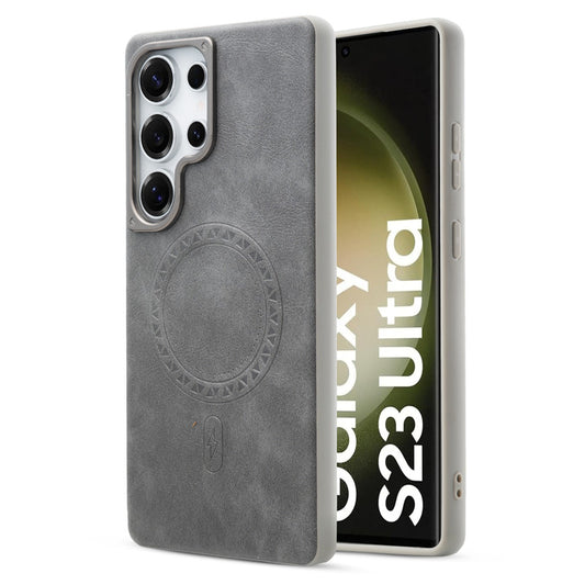 Alloy Camera Ring Faux Leather Back Case for Samsung S23 Ultra 5G , Hard Shell with MagSafe Support