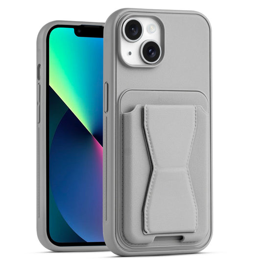 All in One Premium Leather Back Cover for Apple iPhone 13 with Card Slot & Foldable Grip Holder
