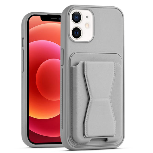 All in One Premium Leather Back Cover for Apple iPhone 12 with Card Slot & Foldable Grip Holder