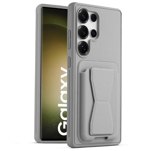 All in One Premium Leather Back Cover for Samsung S23 Ultra 5G with Card Slot & Foldable Grip Holder