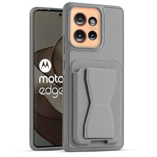 All in One Premium Leather Back Cover for Motorola Moto Edge 50 5G with Card Slot & Foldable Grip Holder