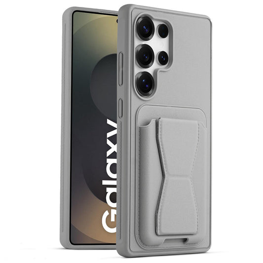 All in One Premium Leather Back Cover for Samsung S25 Ultra 5G with Card Slot & Foldable Grip Holder
