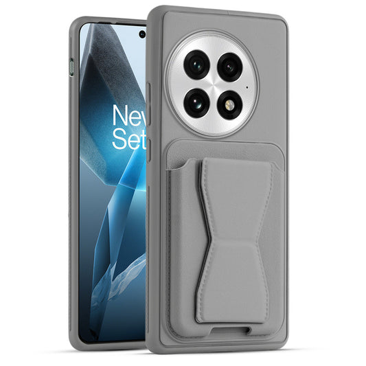 All in One Premium Leather Back Cover for OnePlus 13 5G with Card Slot & Foldable Grip Holder
