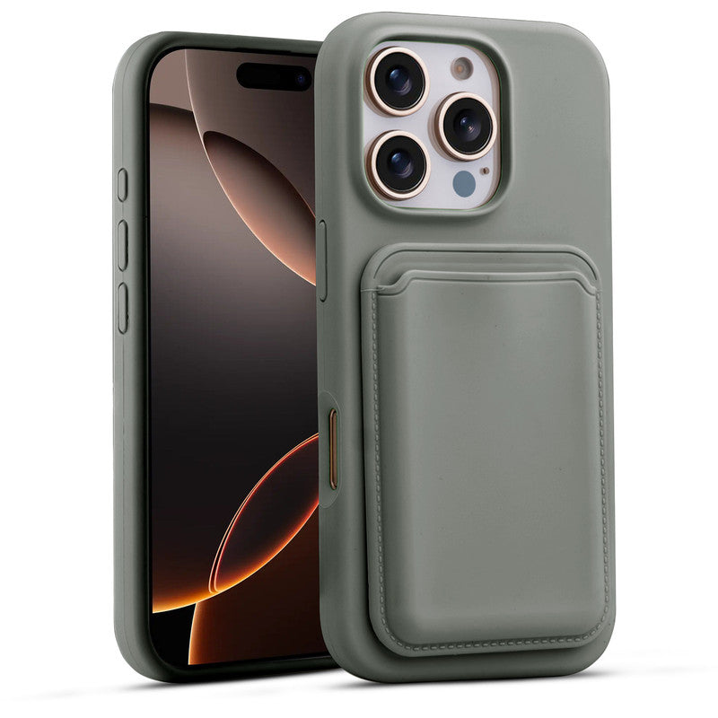Silicon Magnetic Wireless Charging Back Case For Apple iPhone 16 Pro with Detachable Card Holder
