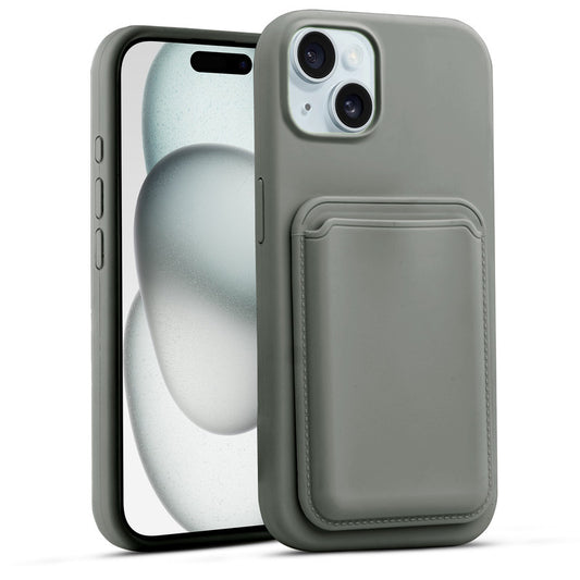 Silicon Magnetic Wireless Charging Back Case For Apple iPhone 15 with Detachable Card Holder