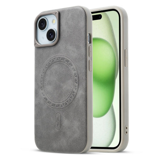 Alloy Camera Ring Faux Leather Back Case for Apple iPhone 15 Plus , Hard Shell with MagSafe Support
