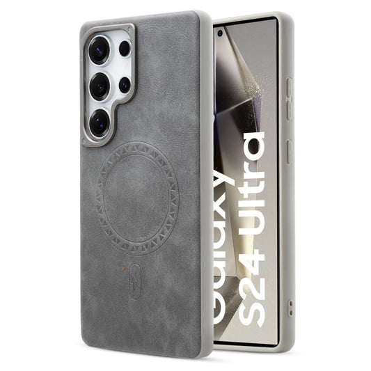 Alloy Camera Ring Faux Leather Back Case for Samsung S24 Ultra 5G , Hard Shell with MagSafe Support