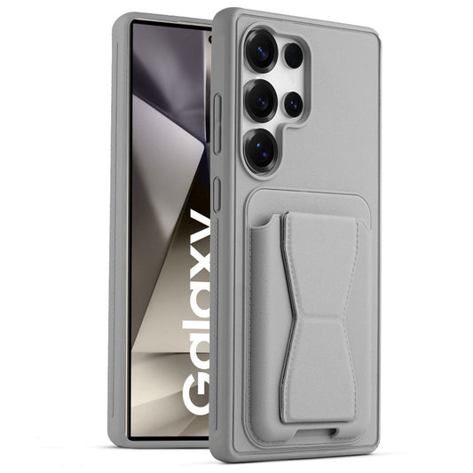 All in One Premium Leather Back Cover for Samsung S24 Ultra 5G with Card Slot & Foldable Grip Holder