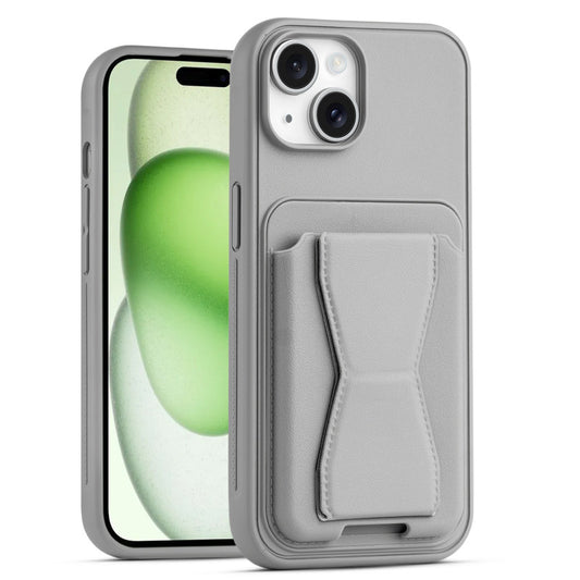 All in One Premium Leather Back Cover for Apple iPhone 15 Plus with Card Slot & Foldable Grip Holder