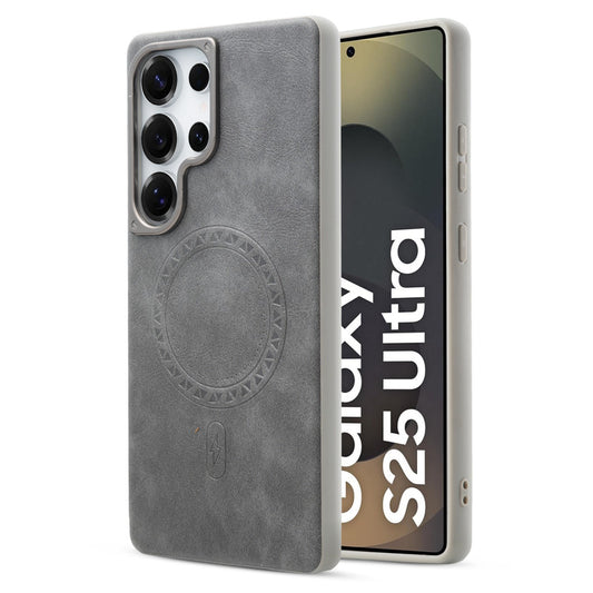Alloy Camera Ring Faux Leather Back Case for Samsung S25 Ultra 5G , Hard Shell with MagSafe Support