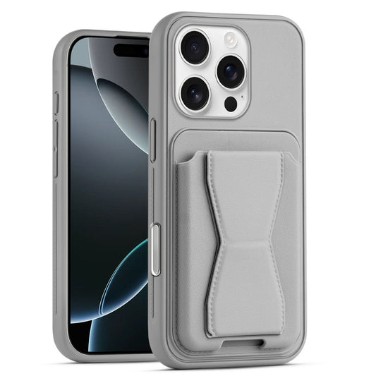 All in One Premium Leather Back Cover for Apple iphone 16 Pro Max with Card Slot & Foldable Grip Holder