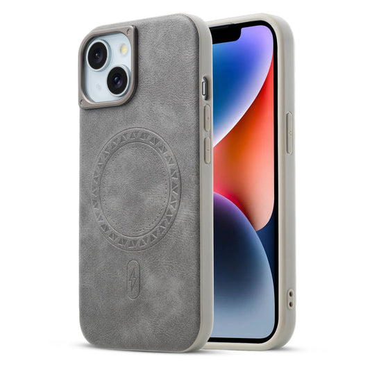 Alloy Camera Ring Faux Leather Back Case for Apple iPhone 14 , Hard Shell with MagSafe Support