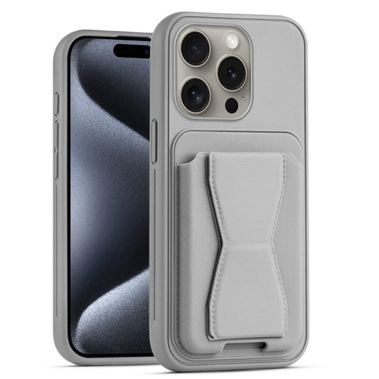 All in One Premium Leather Back Cover for Apple iPhone 15 Pro with Card Slot & Foldable Grip Holder