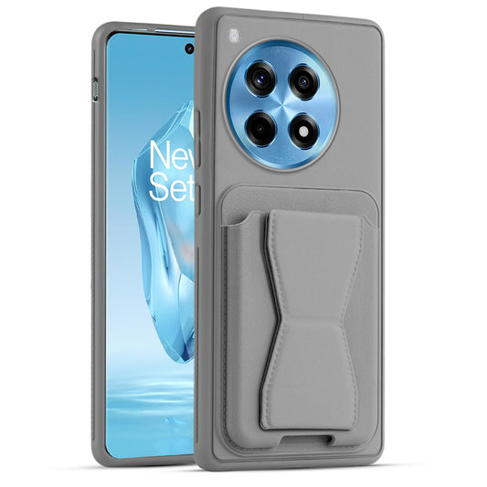 All in One Premium Leather Back Cover for OnePlus 12R 5G with Card Slot & Foldable Grip Holder