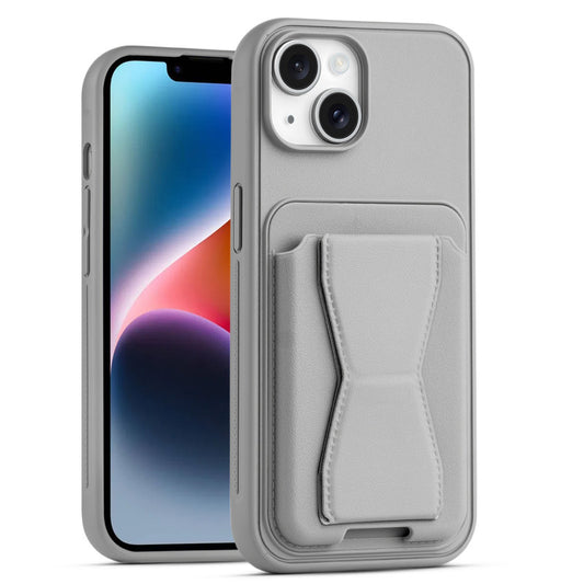 All in One Premium Leather Back Cover for Apple iPhone 14 with Card Slot & Foldable Grip Holder