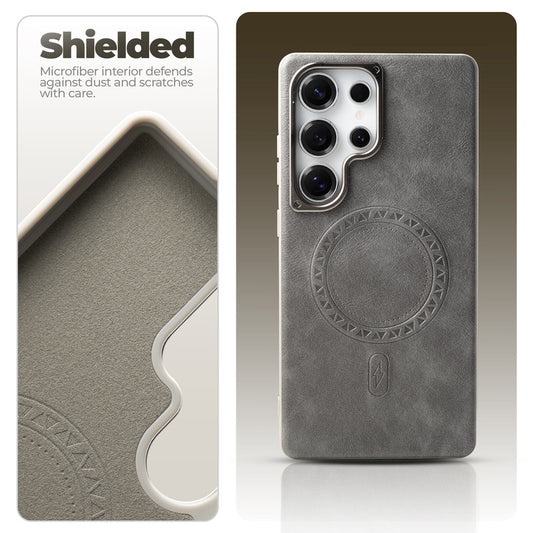 Alloy Camera Ring Faux Leather Back Case for Samsung S23 Ultra 5G , Hard Shell with MagSafe Support