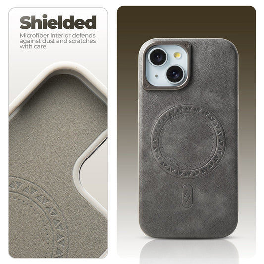 Alloy Camera Ring Faux Leather Back Case for Apple iPhone 15 Plus , Hard Shell with MagSafe Support
