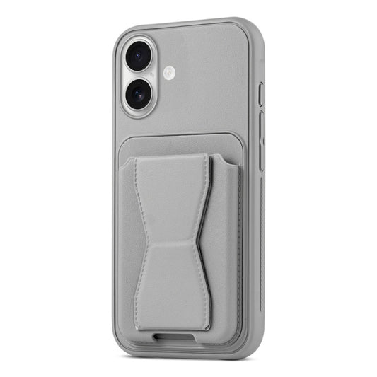 All in One Premium Leather Back Cover for Apple iPhone 16 with Card Slot & Foldable Grip Holder