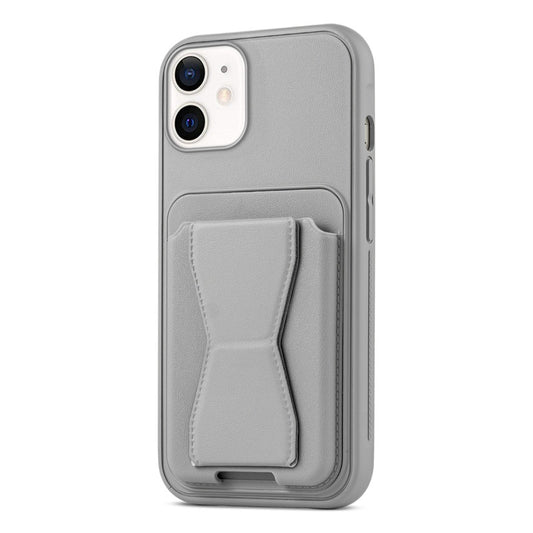 All in One Premium Leather Back Cover for Apple iPhone 12 with Card Slot & Foldable Grip Holder