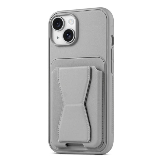 All in One Premium Leather Back Cover for Apple iPhone 15 with Card Slot & Foldable Grip Holder