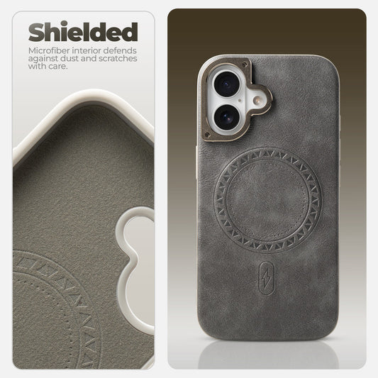 Alloy Camera Ring Faux Leather Back Case for Apple iPhone 16 , Hard Shell with MagSafe Support