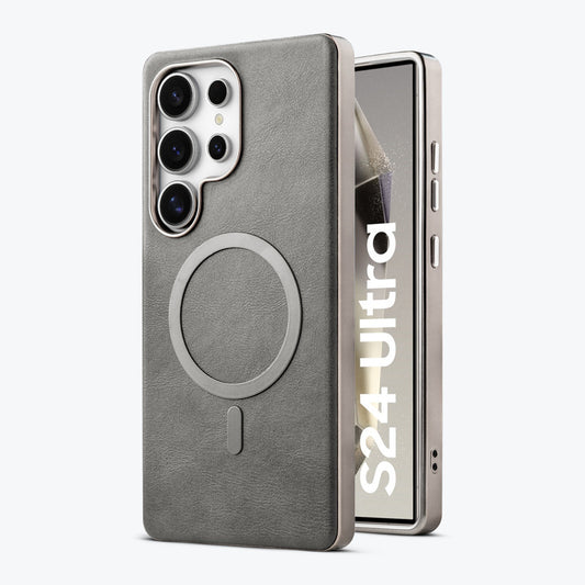 Premium Faux Leather MagSafe Compatible Case for Samsung S24 Ultra 5G With Metal Finish Edges