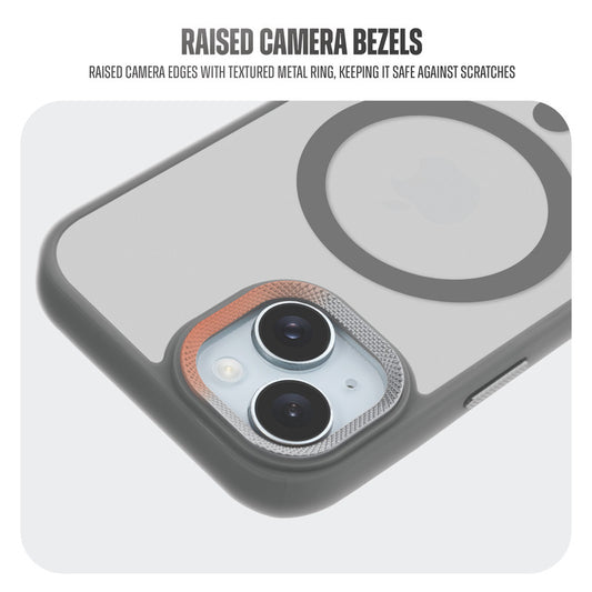 Textured Metal Ring Camera With Magsafe Compatible Smoky Back Case For Apple iPhone 15