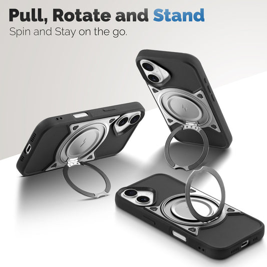 MagSafe Compatible with Metal Finish Ring Stand & Silicone Grip Back Case For Apple iPhone 16