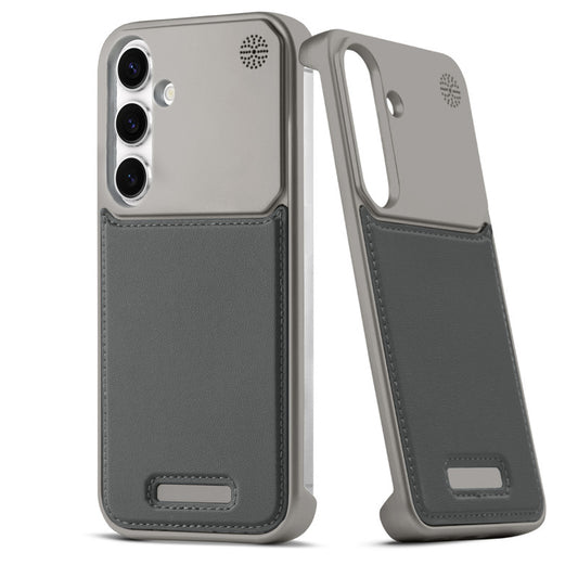 Elegant Designed Metallic Finish Leather Bracket Case For Samsung S24 5G