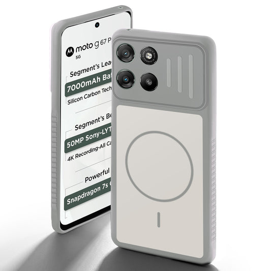 Grey-White back cover for Motorola G67 Power 5G with camera cut protection and ring design on back side.