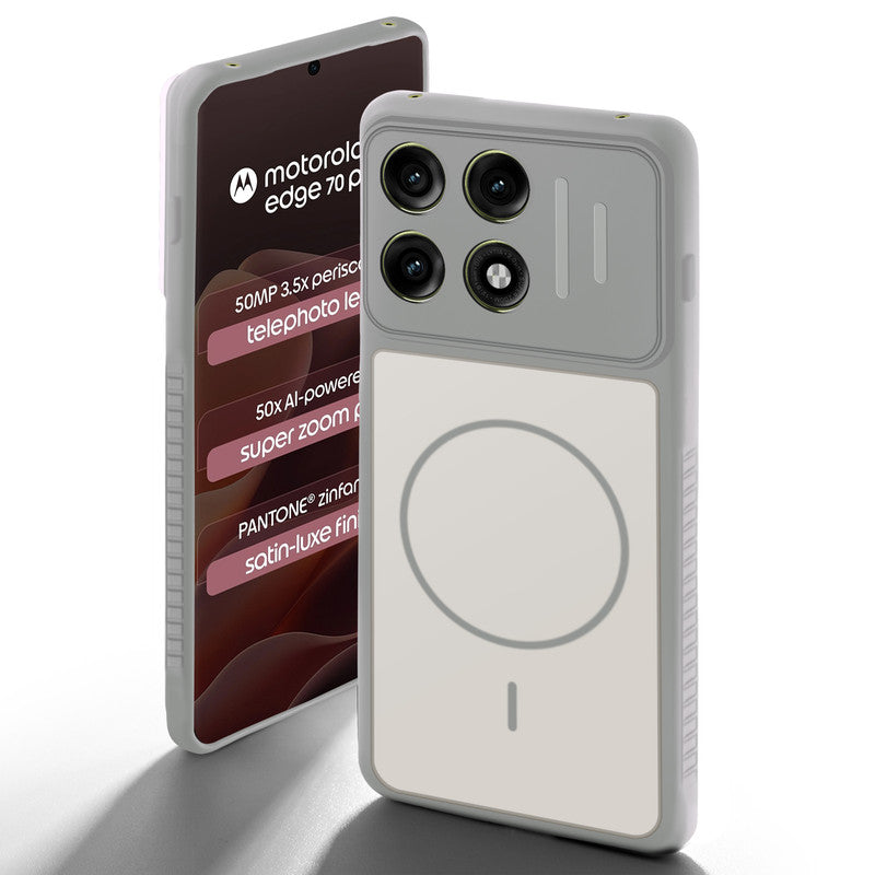 Grey-White back cover for Motorola Moto Edge 70 Pro Plus 5G with camera cut protection and ring design on back side.