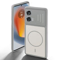 Grey-White back cover for Motorola Moto G85 5G with camera cut protection and ring design on back side.