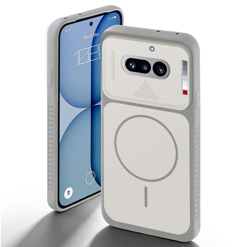 Grey-White back cover for Nothing Phone 4A 5G with camera cut protection and ring design on back side.