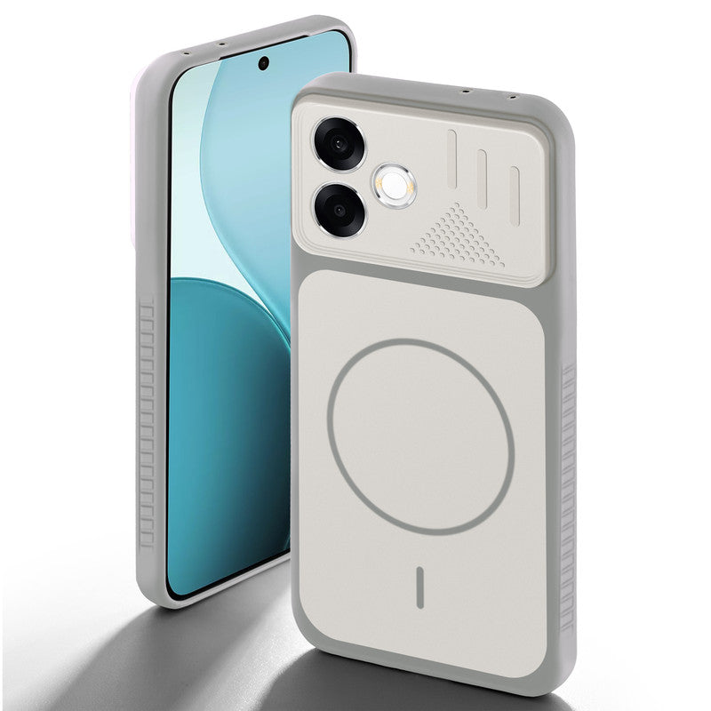 Grey-White back cover for Oppo F33 Pro 5G with camera cut protection and ring design on back side.