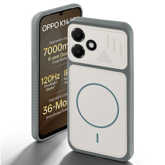 Grey-White back cover for OPPO K14 Lite 5G with camera cut protection and ring design on back side.