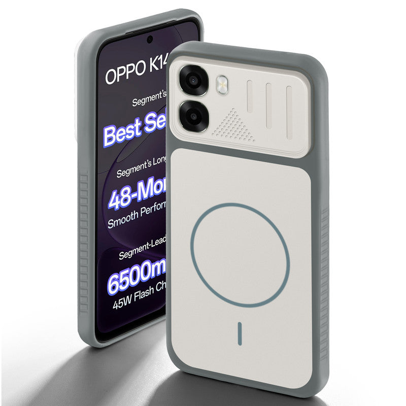Grey-White back cover for Oppo K14x 5G with camera cut protection and ring design on back side.